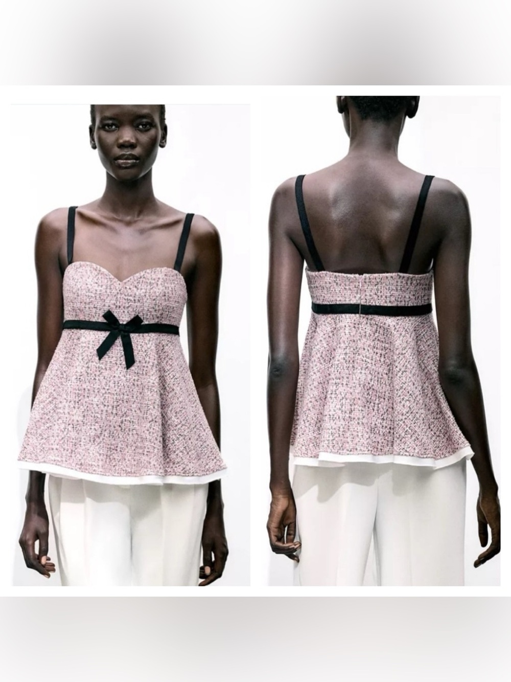 Zara Pink  Bow-Accent Tweed Peplum Tank Top size M NWT